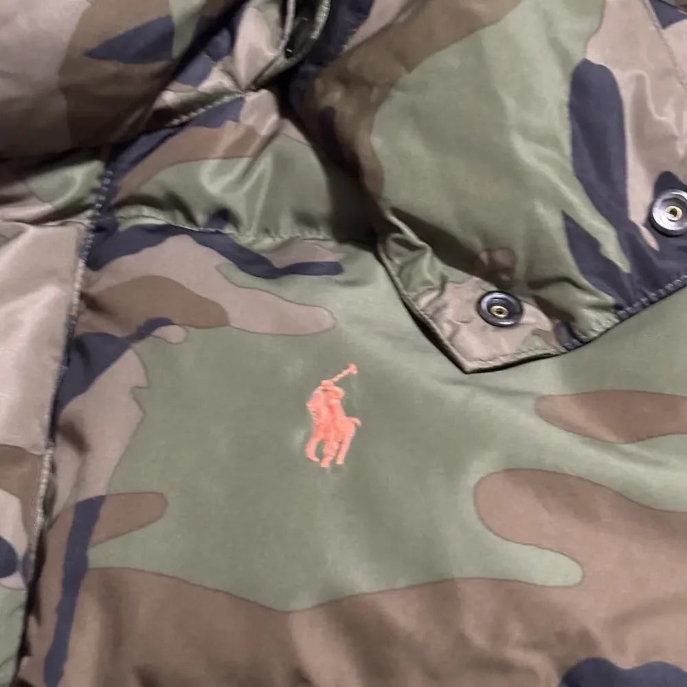 Polo Ralph Lauren Camo Down Fill Puffer Hood Detaches Orange Pony Large NEW - Picture 6 of 10